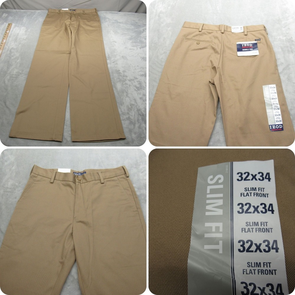 IZOD Chino Pants Mens 32x33 Beige Slim Fit Flat Front Khaki Golf Performance NEW